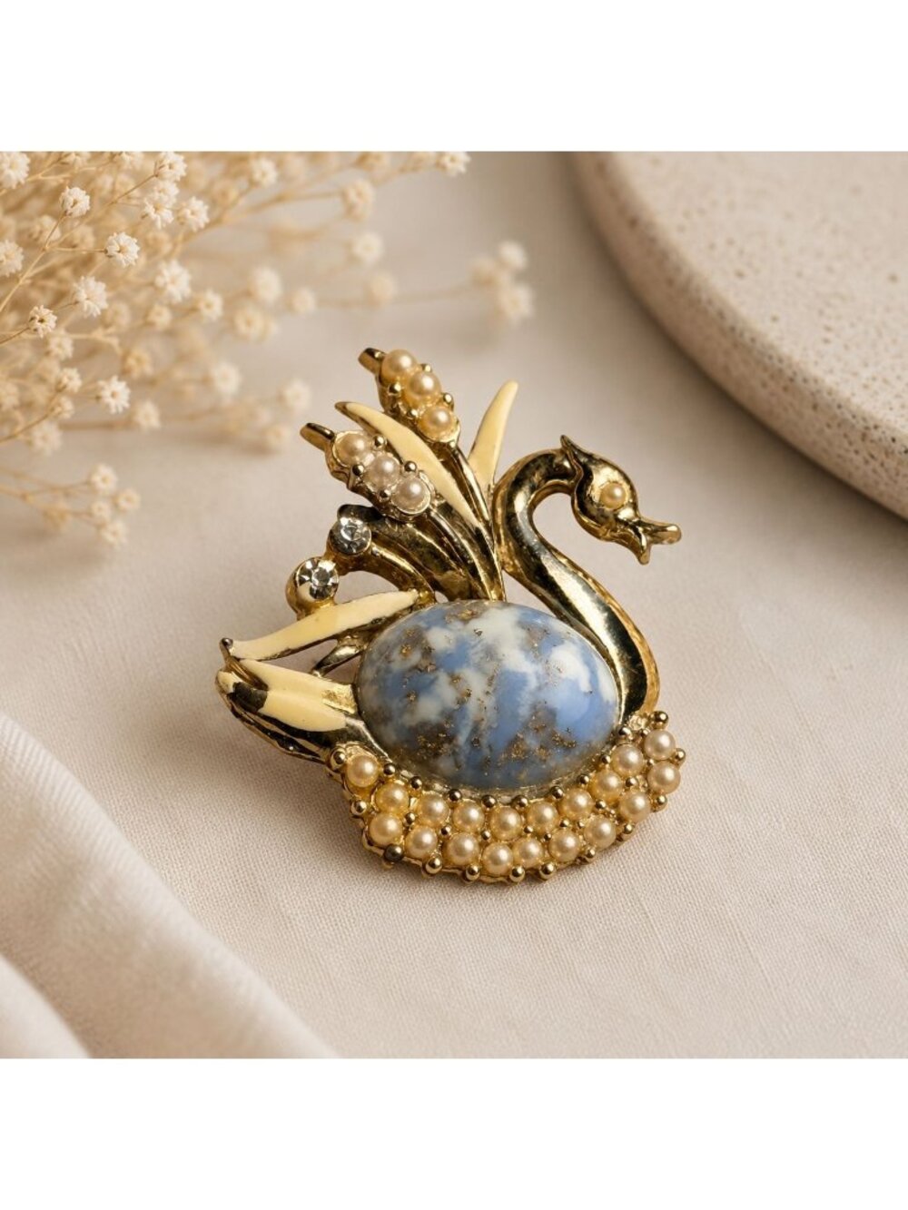 Vintage Swan Brooch Faux Opal Pearl Rhinestone Gold Tone Bird Pin